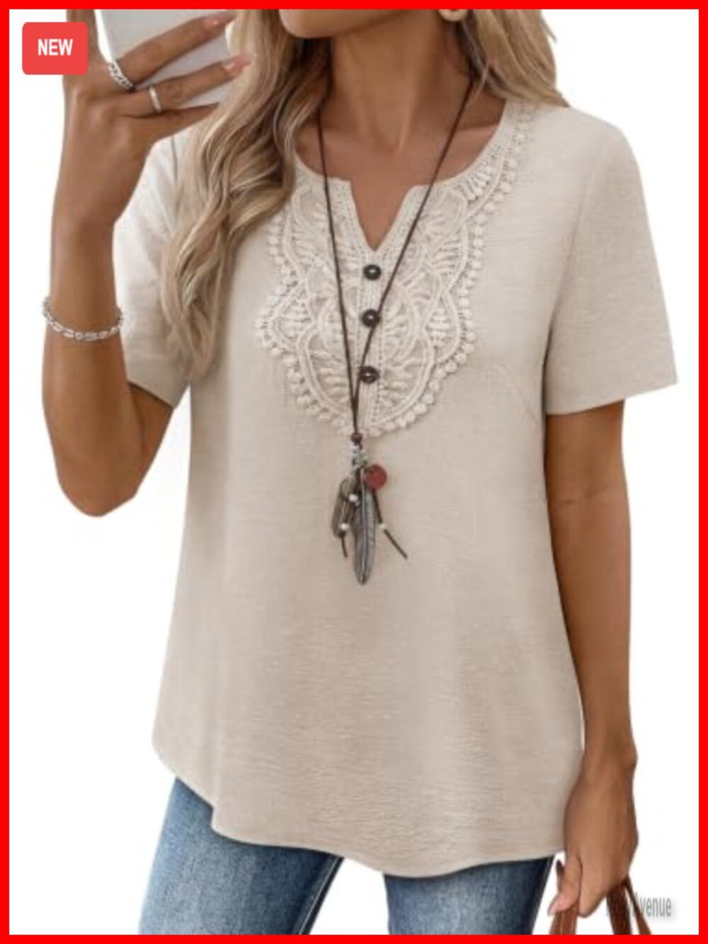Womens Short Sleeve Boho Tunic Lace V Neck Button Peasant Top